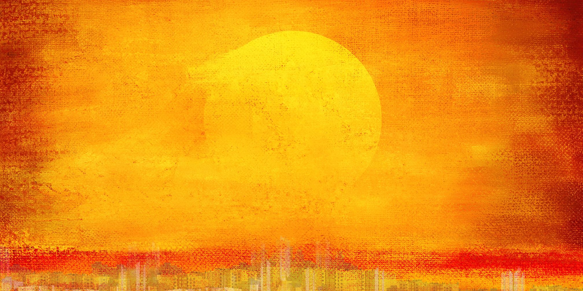 A painting of a sun over an abstract city.