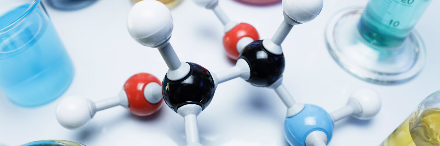 Molecule, beakers, and chemicals