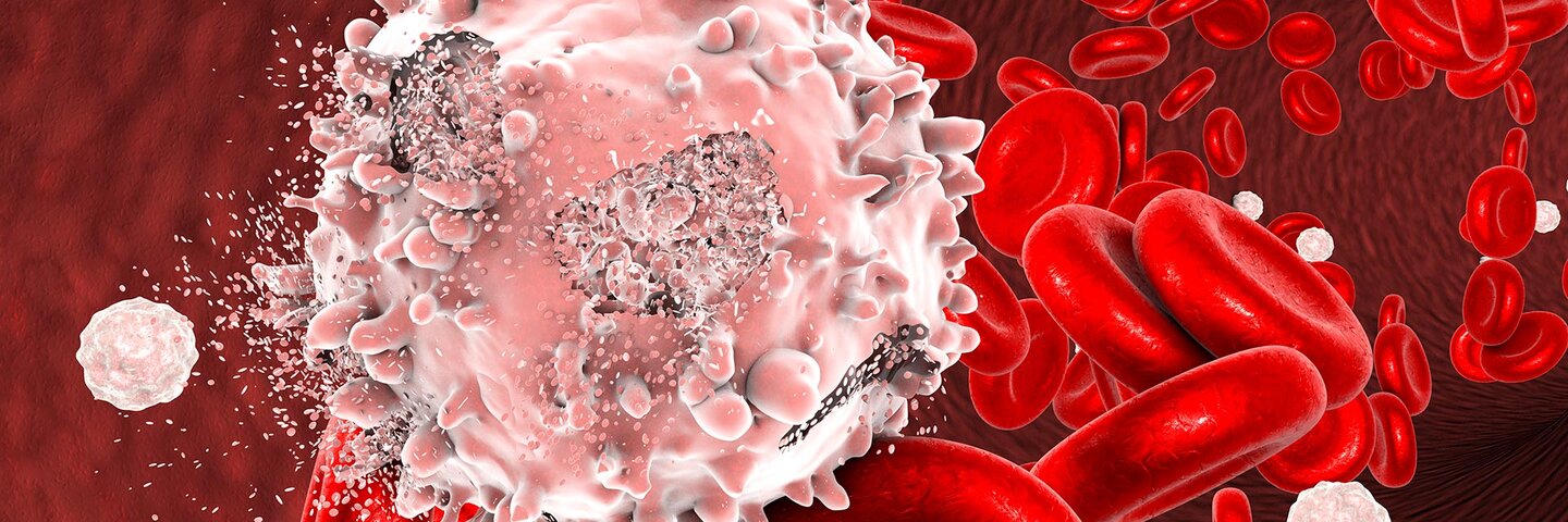 Destruction of leukaemia blood cell, computer illustration. Conceptual image for leukaemia treatment.