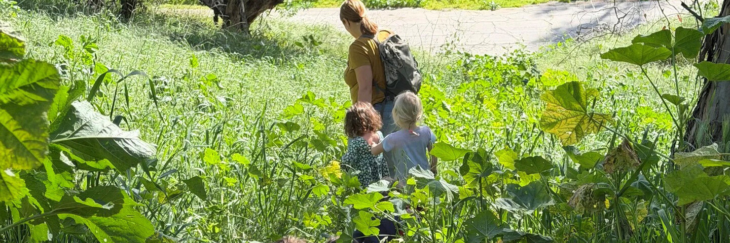 Kids hiking through forest