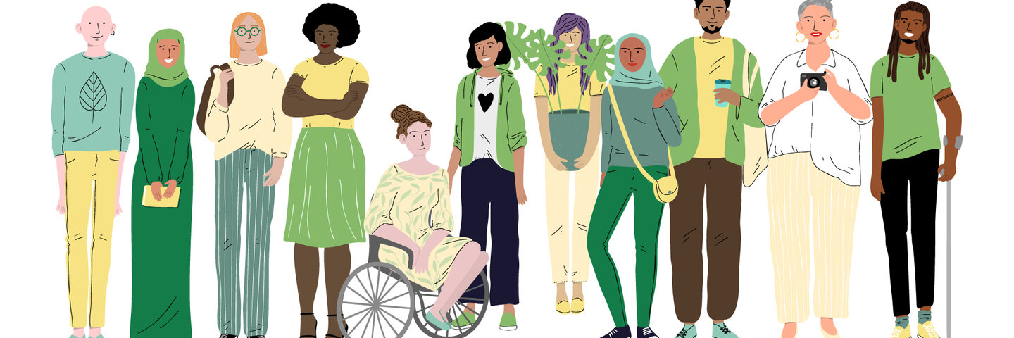 Drawing of a diverse group of people standing in a line