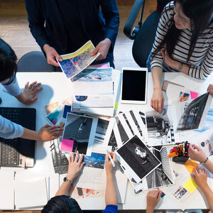 group looking at images